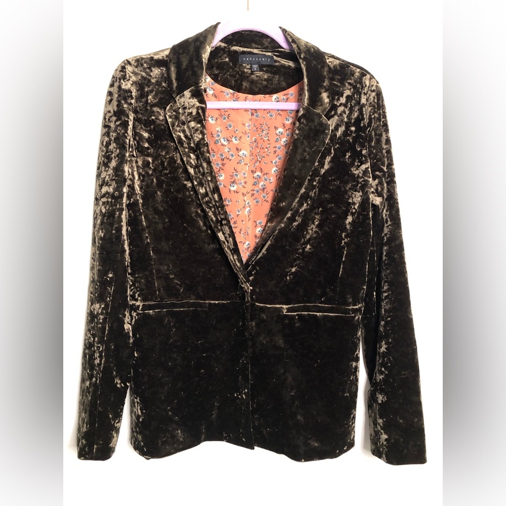 Sanctuary small forest Green crashed velvet long sleeve blazer jacket Floral